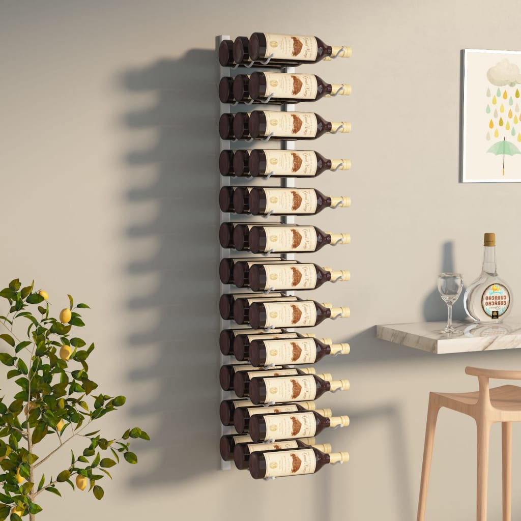 vidaXL Suport sticle de vin montat pe perete, 36 sticle, alb, fier vidaXL Suport sticle de vin montat pe perete, 36 sticle, alb, fier