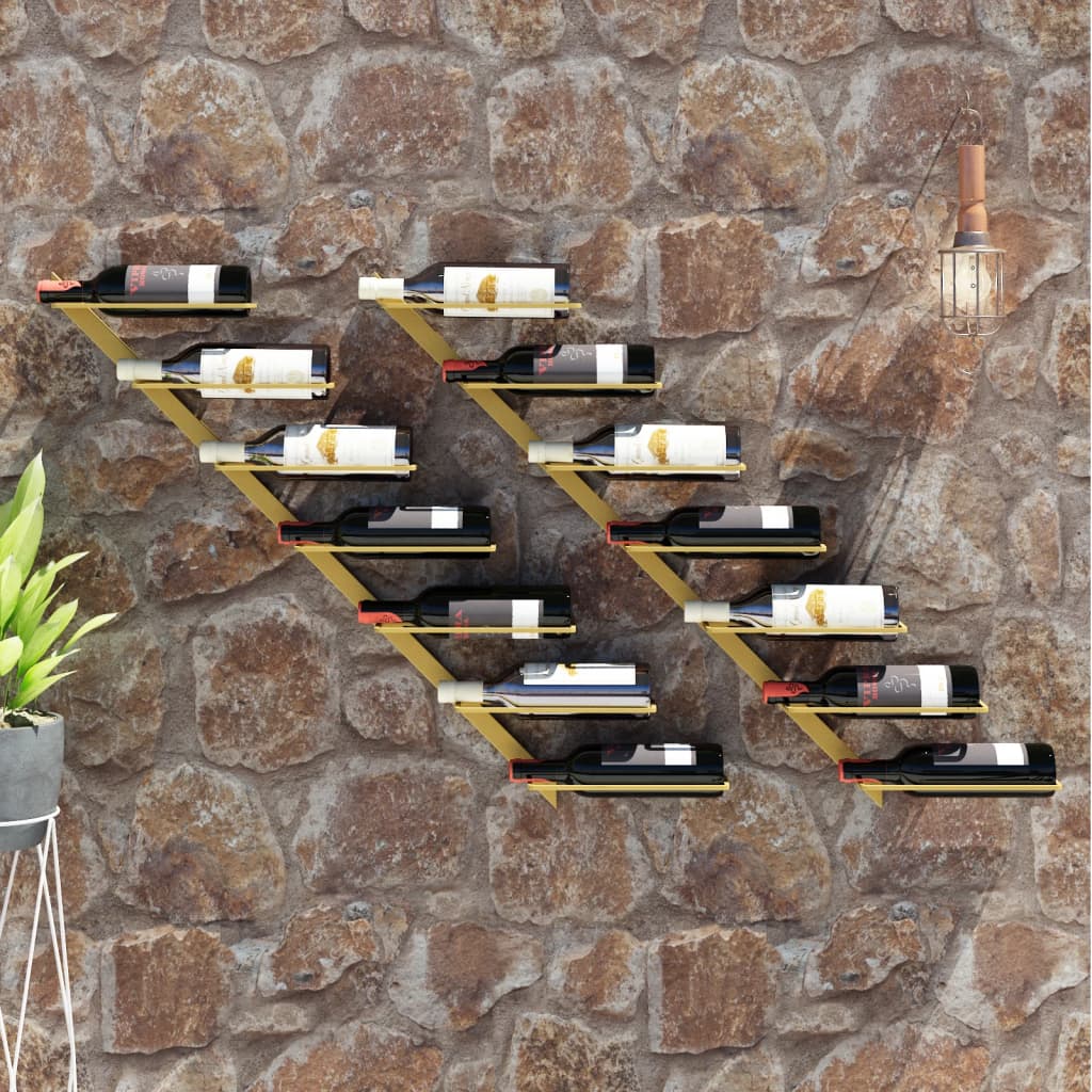vidaXL Suport sticle vin montat pe perete,2 buc.,7 sticle,auriu, metal vidaXL Suport sticle vin montat pe perete,2 buc.,7 sticle,auriu, metal
