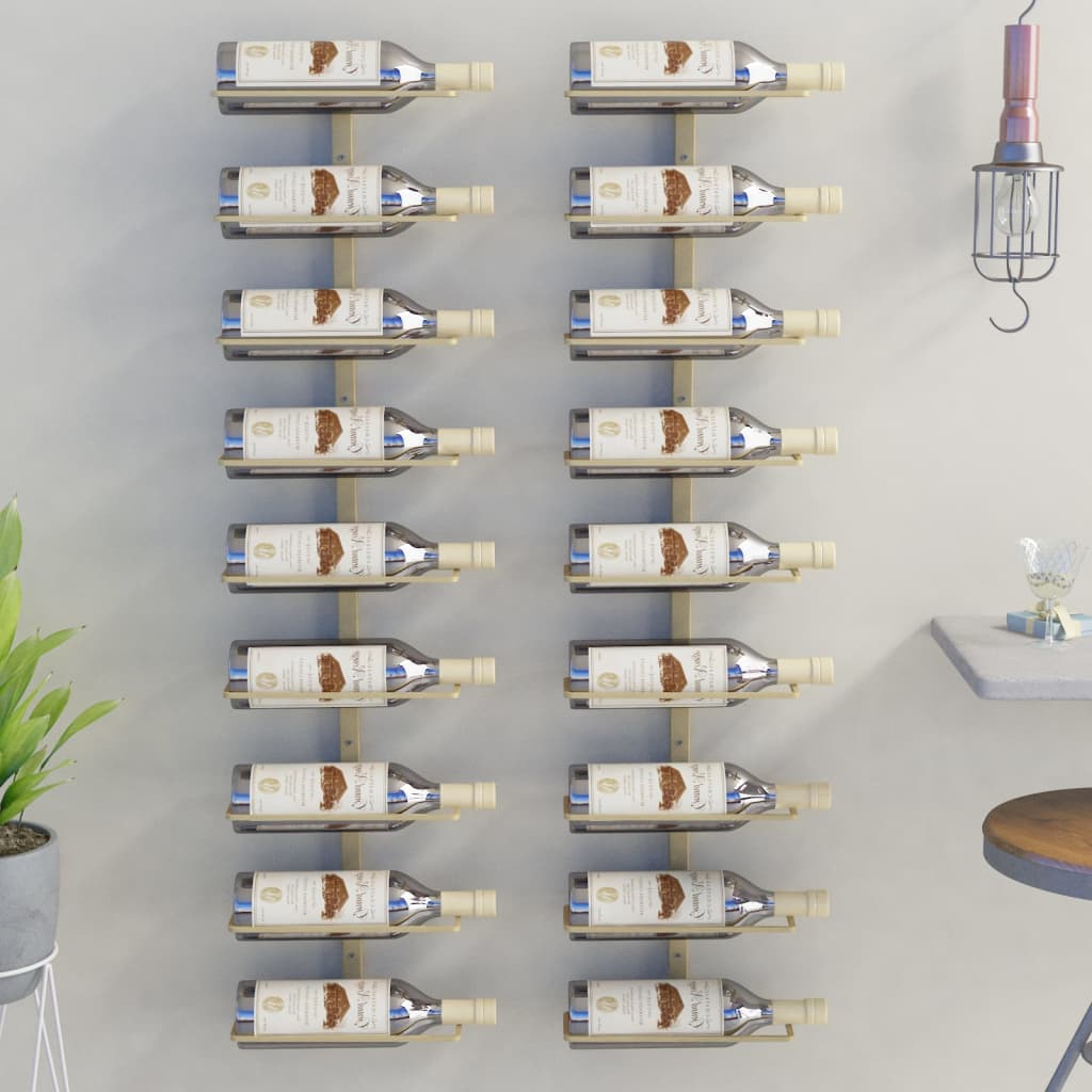 vidaXL Suport sticle de vin, de perete, 9 sticle, 2 buc., auriu, fier vidaXL Suport sticle de vin, de perete, 9 sticle, 2 buc., auriu, fier