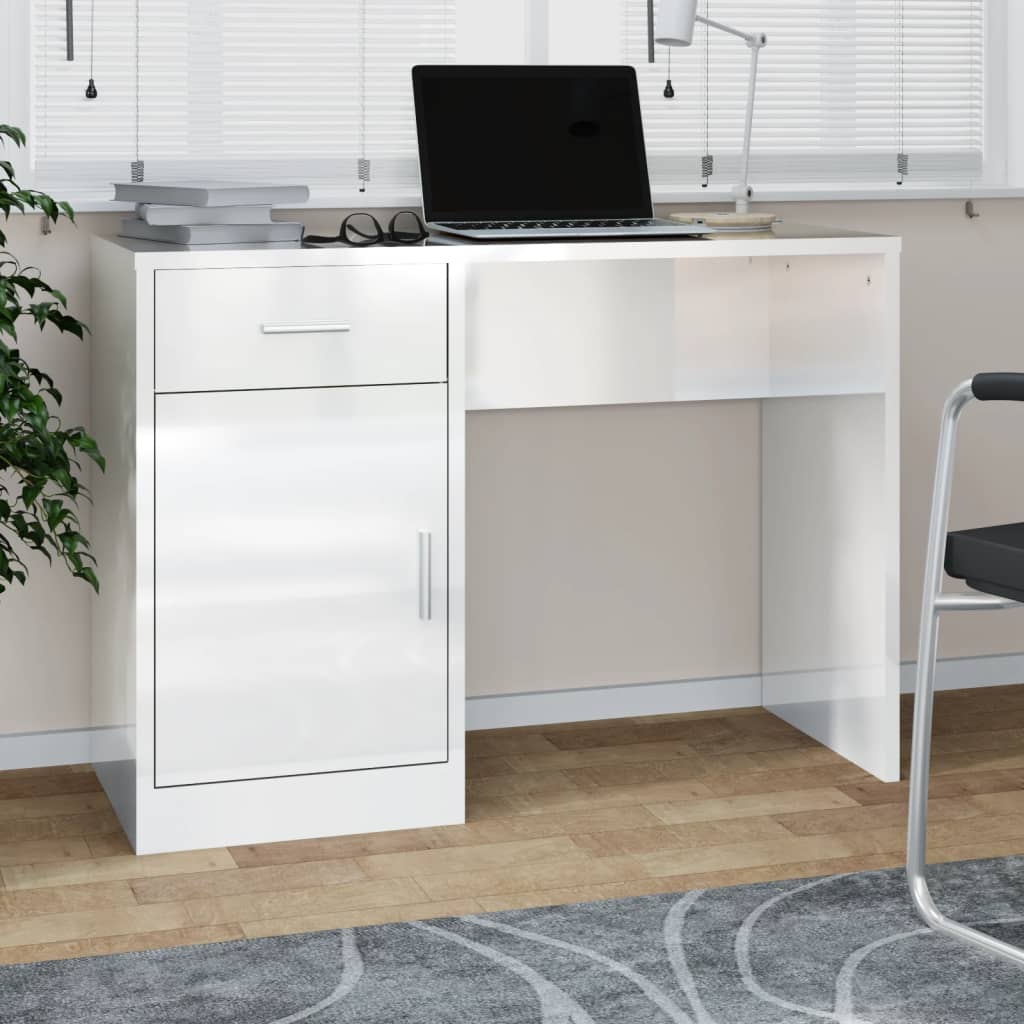 vidaXL Birou cu sertar și dulap, alb extralucios, 100x40x73 cm, lemn vidaXL Birou cu sertar și dulap, alb extralucios, 100x40x73 cm, lemn