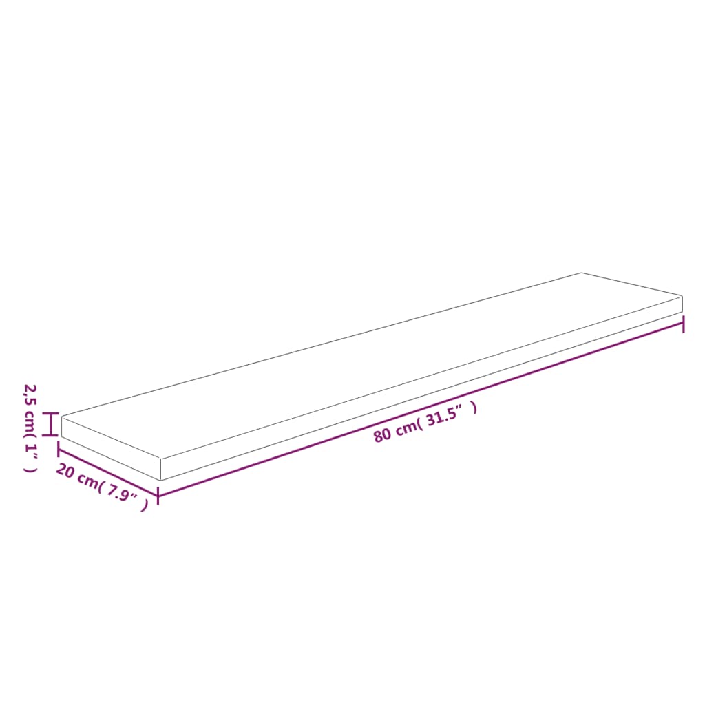vidaXL Poliță, 80x20x2,5 cm, lemn masiv de stejar netratat