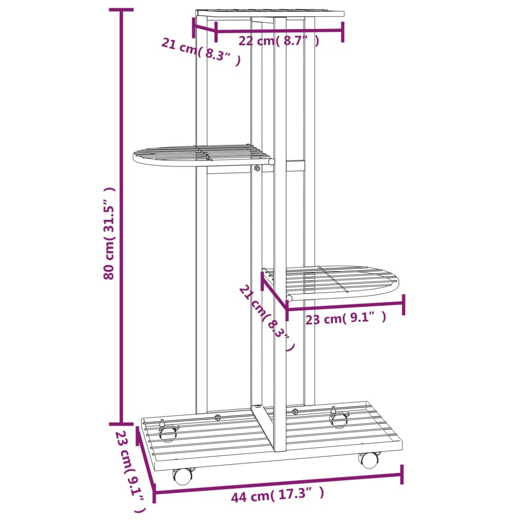 vidaXL Suport de flori cu 4 etaje, cu roți, alb, 44x23x80 cm, fier