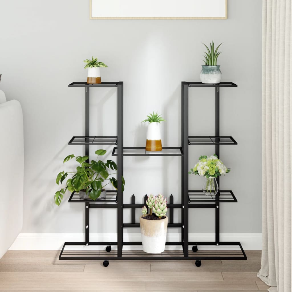 vidaXL Suport pentru flori cu roți, 94,5x24,5x91,5 cm, negru, fier vidaXL Suport pentru flori cu roți, 94,5x24,5x91,5 cm, negru, fier