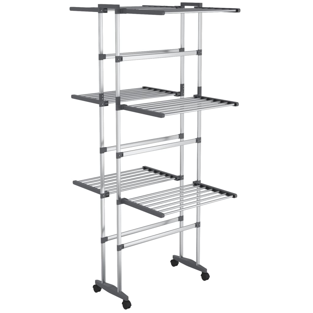 vidaXL Suport uscare rufe, 3 niveluri, cu roți, argintiu, 60x70x129 cm vidaXL Suport uscare rufe, 3 niveluri, cu roți, argintiu, 60x70x129 cm