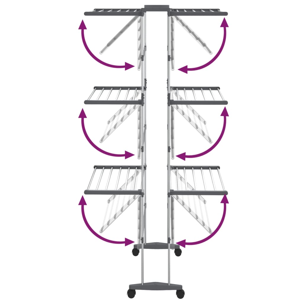 vidaXL Suport uscare rufe, 3 niveluri, cu roți, argintiu, 60x70x129 cm vidaXL Suport uscare rufe, 3 niveluri, cu roți, argintiu, 60x70x129 cm