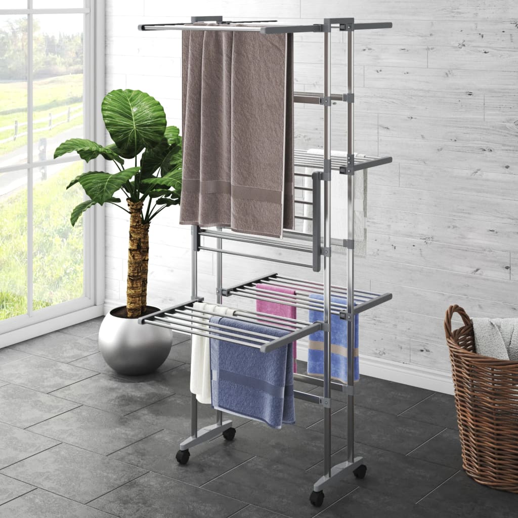 vidaXL Suport uscare rufe, 3 niveluri, cu roți, argintiu, 60x70x129 cm vidaXL Suport uscare rufe, 3 niveluri, cu roți, argintiu, 60x70x129 cm
