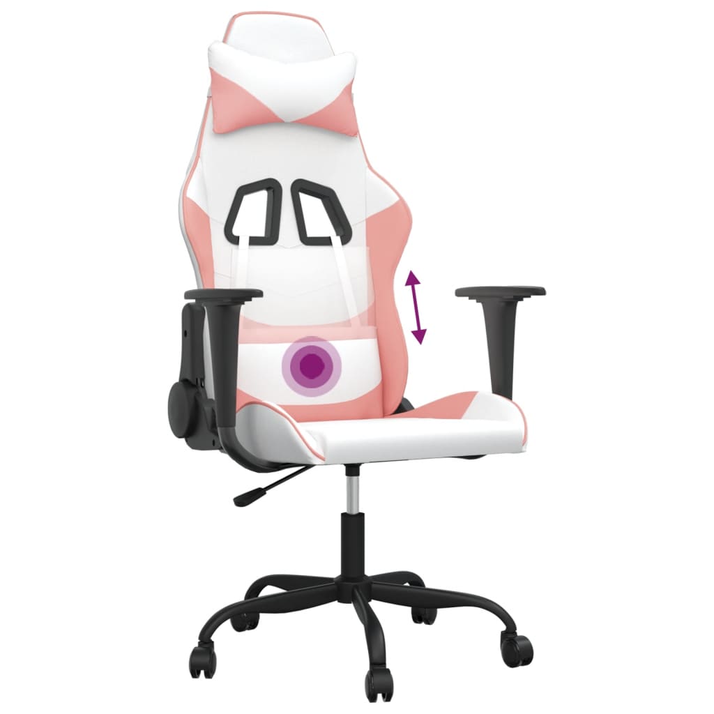vidaXL Scaun de gaming de masaj, alb și roz, piele ecologică vidaXL Scaun de gaming de masaj, alb și roz, piele ecologică