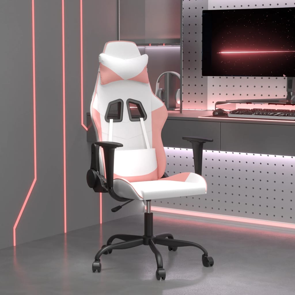 vidaXL Scaun de gaming de masaj, alb și roz, piele ecologică vidaXL Scaun de gaming de masaj, alb și roz, piele ecologică