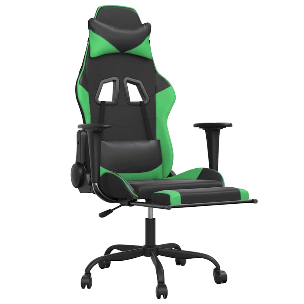 vidaXL Scaun gaming de masaj/suport picioare, negru/verde, piele eco