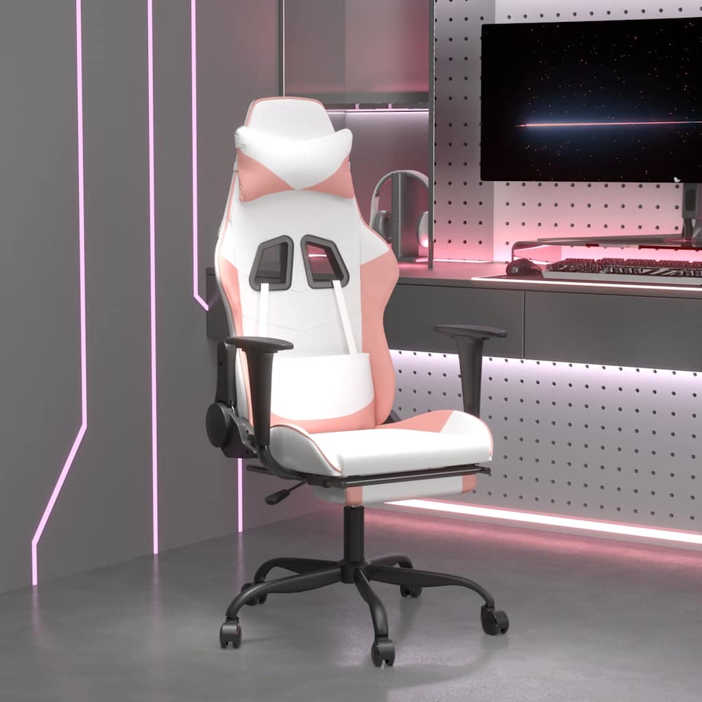 vidaXL Scaun gaming de masaj/suport picioare, alb/roz, piele ecologică vidaXL Scaun gaming de masaj/suport picioare, alb/roz, piele ecologică