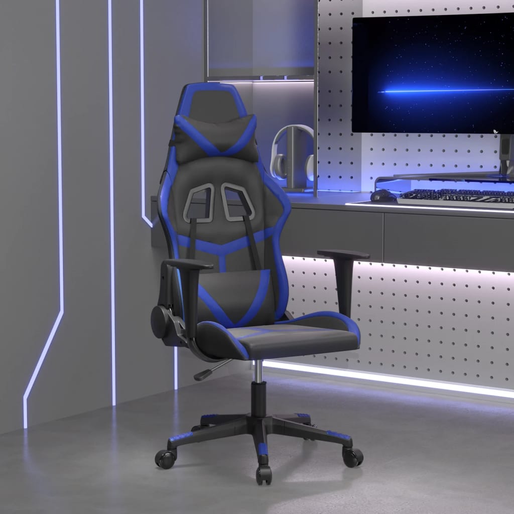 vidaXL Scaun de gaming de masaj, negru și albastru, piele ecologică