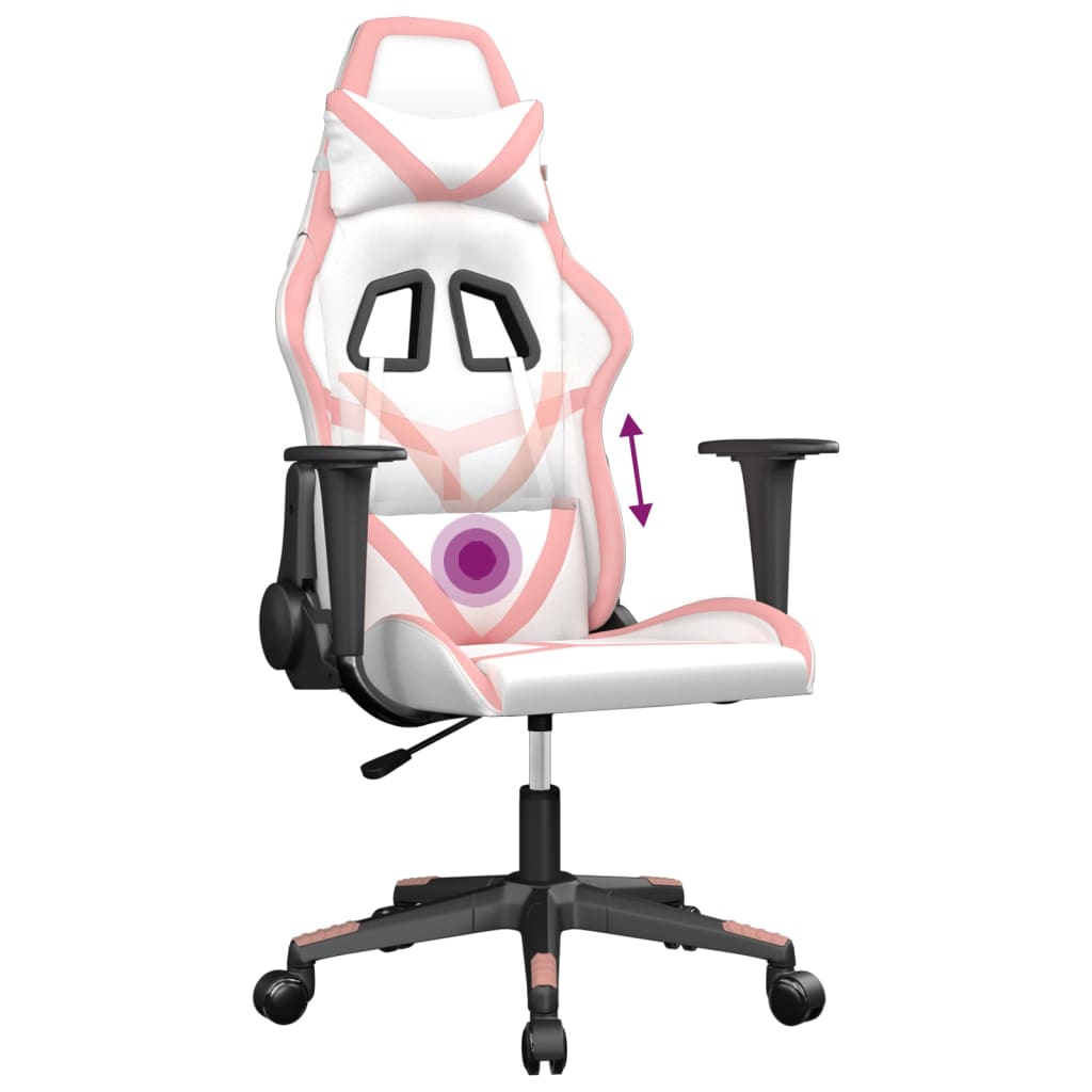 vidaXL Scaun de gaming de masaj, alb și roz, piele ecologică vidaXL Scaun de gaming de masaj, alb și roz, piele ecologică