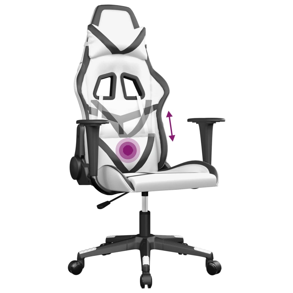 vidaXL Scaun de gaming de masaj, alb și negru, piele ecologică
