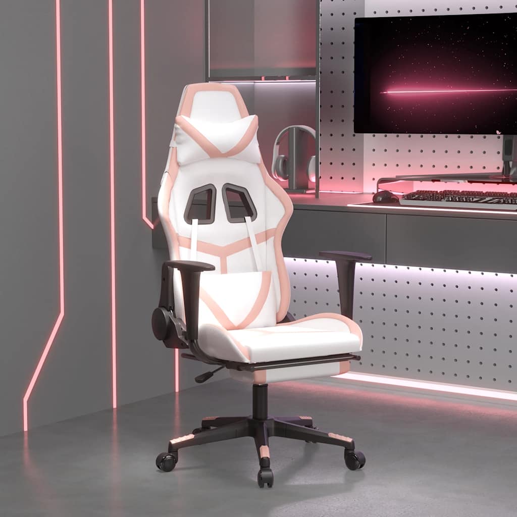 vidaXL Scaun gaming de masaj/suport picioare, alb/roz, piele ecologică vidaXL Scaun gaming de masaj/suport picioare, alb/roz, piele ecologică