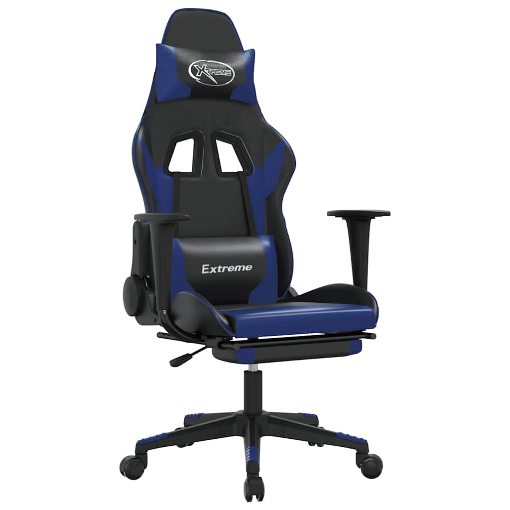 vidaXL Scaun de gaming masaj/suport picioare negru/albastru piele eco