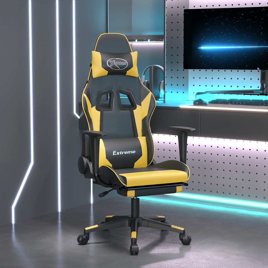 vidaXL Scaun de gaming cu masaj/suport picioare negru/auriu piele eco vidaXL Scaun de gaming cu masaj/suport picioare negru/auriu piele eco