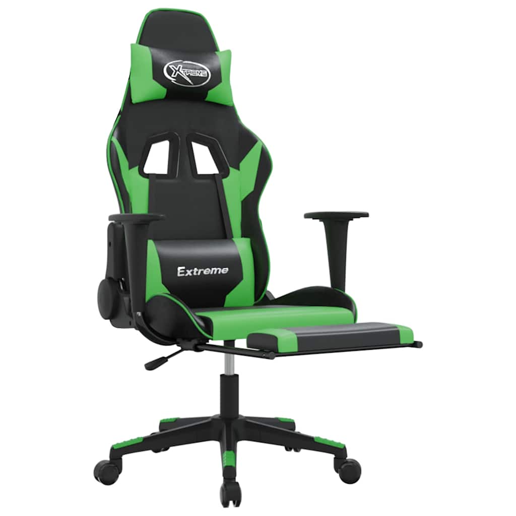 vidaXL Scaun gaming de masaj/suport picioare, negru/verde, piele eco vidaXL Scaun gaming de masaj/suport picioare, negru/verde, piele eco