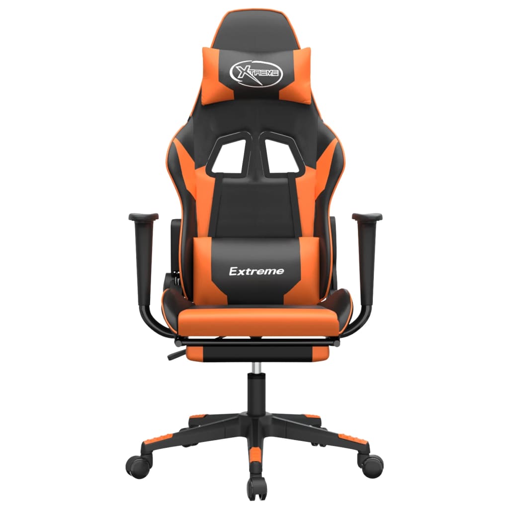 vidaXL Scaun gaming masaj/suport picioare, negru/portocaliu, piele eco
