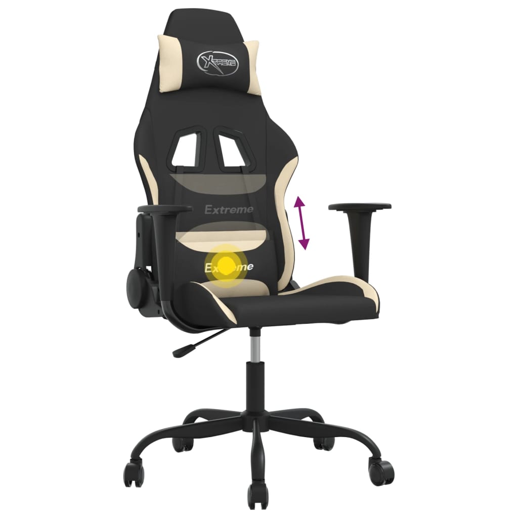 vidaXL Scaun de gaming cu masaj, negru și crem, material textil