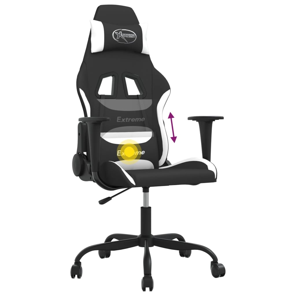 vidaXL Scaun de gaming cu masaj, negru și alb, material textil