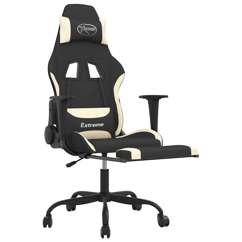 vidaXL Scaun de gaming cu masaj/suport picioare, negru și crem, textil