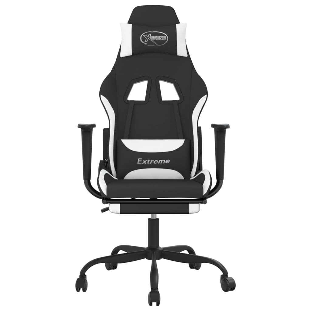 vidaXL Scaun de gaming cu masaj/suport picioare, negru și alb, textil