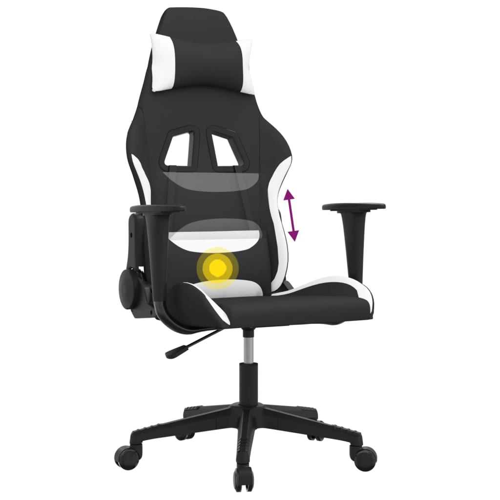 vidaXL Scaun de gaming cu masaj, negru și alb, material textil