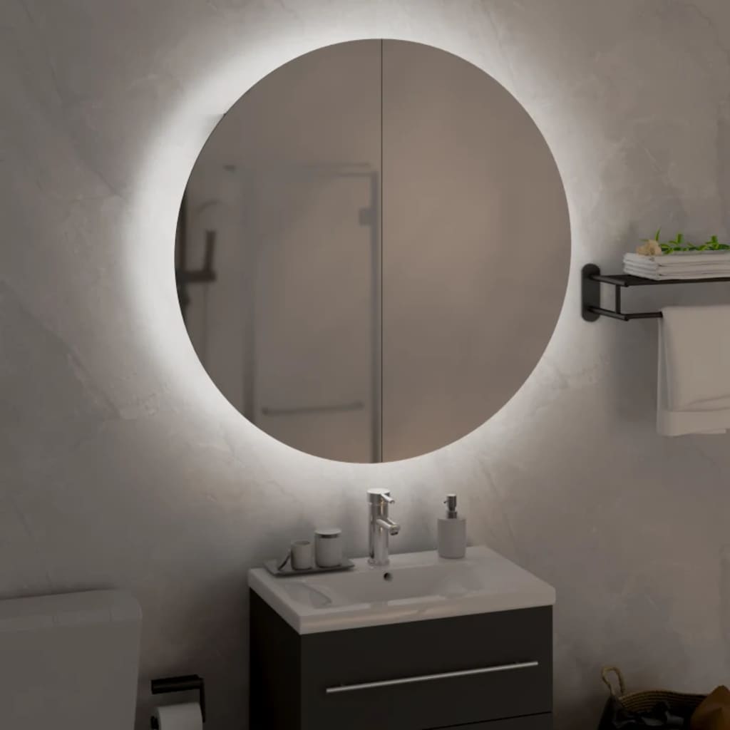 vidaXL Dulap de baie cu oglindă rotundă și LED, gri, 54x54x17,5 cm vidaXL Dulap de baie cu oglindă rotundă și LED, gri, 54x54x17,5 cm