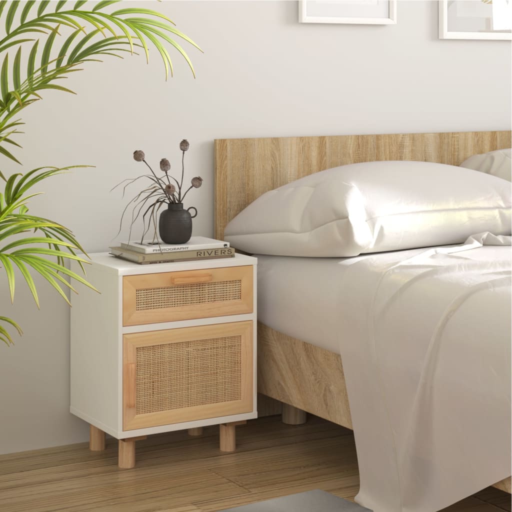 vidaXL Noptiere, 2 buc., alb, lemn masiv de pin și ratan natural vidaXL Noptiere, 2 buc., alb, lemn masiv de pin și ratan natural