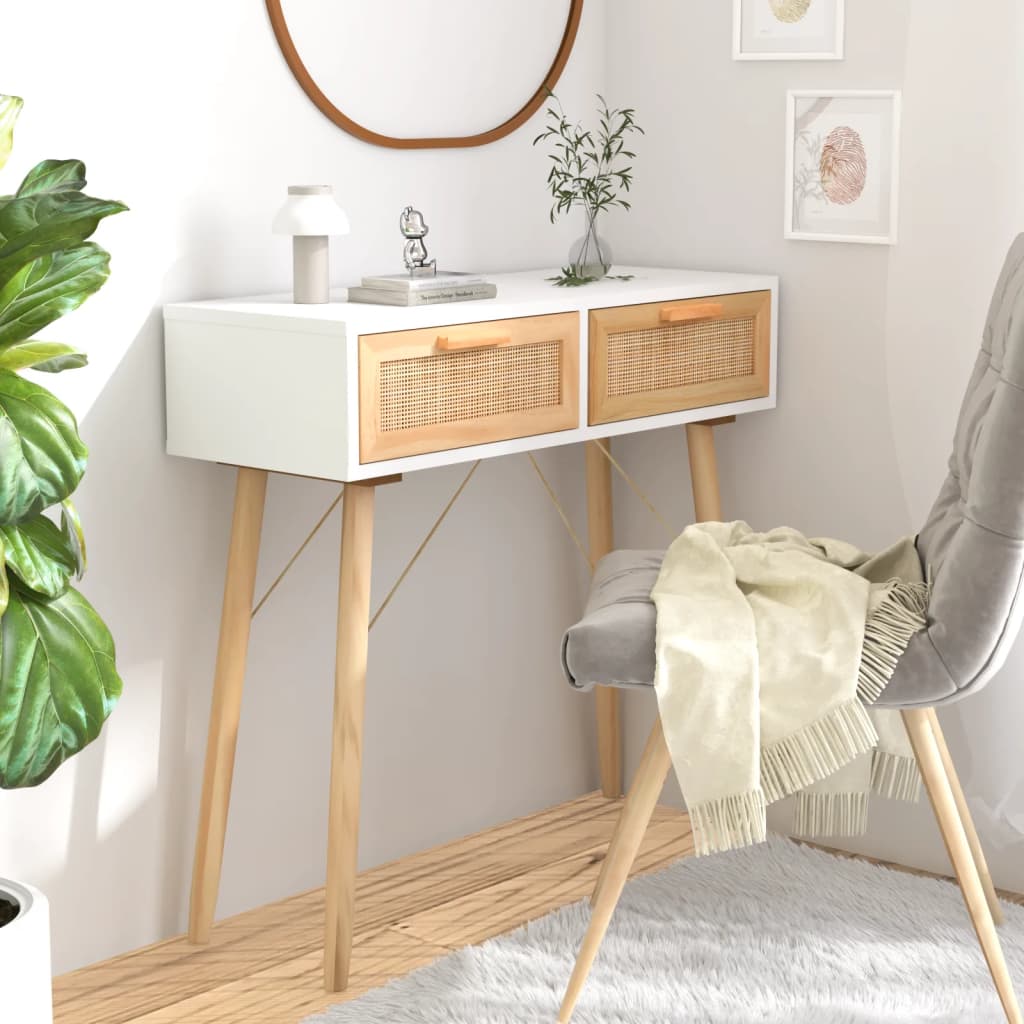 vidaXL Masă consolă alb 80x30x75 cm lemn masiv pin și ratan natural vidaXL Masă consolă alb 80x30x75 cm lemn masiv pin și ratan natural