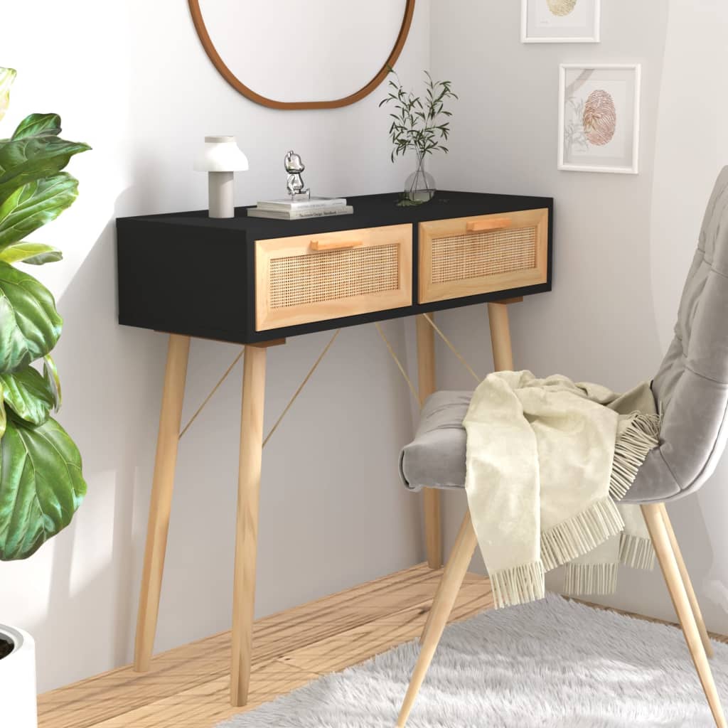 vidaXL Masă consolă negru 80x30x75 cm lemn masiv pin și ratan natural vidaXL Masă consolă negru 80x30x75 cm lemn masiv pin și ratan natural