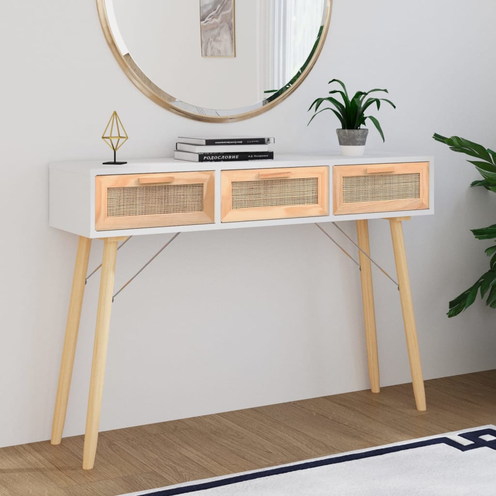 vidaXL Masă consolă alb 105x30x75 cm lemn masiv pin și ratan natural vidaXL Masă consolă alb 105x30x75 cm lemn masiv pin și ratan natural
