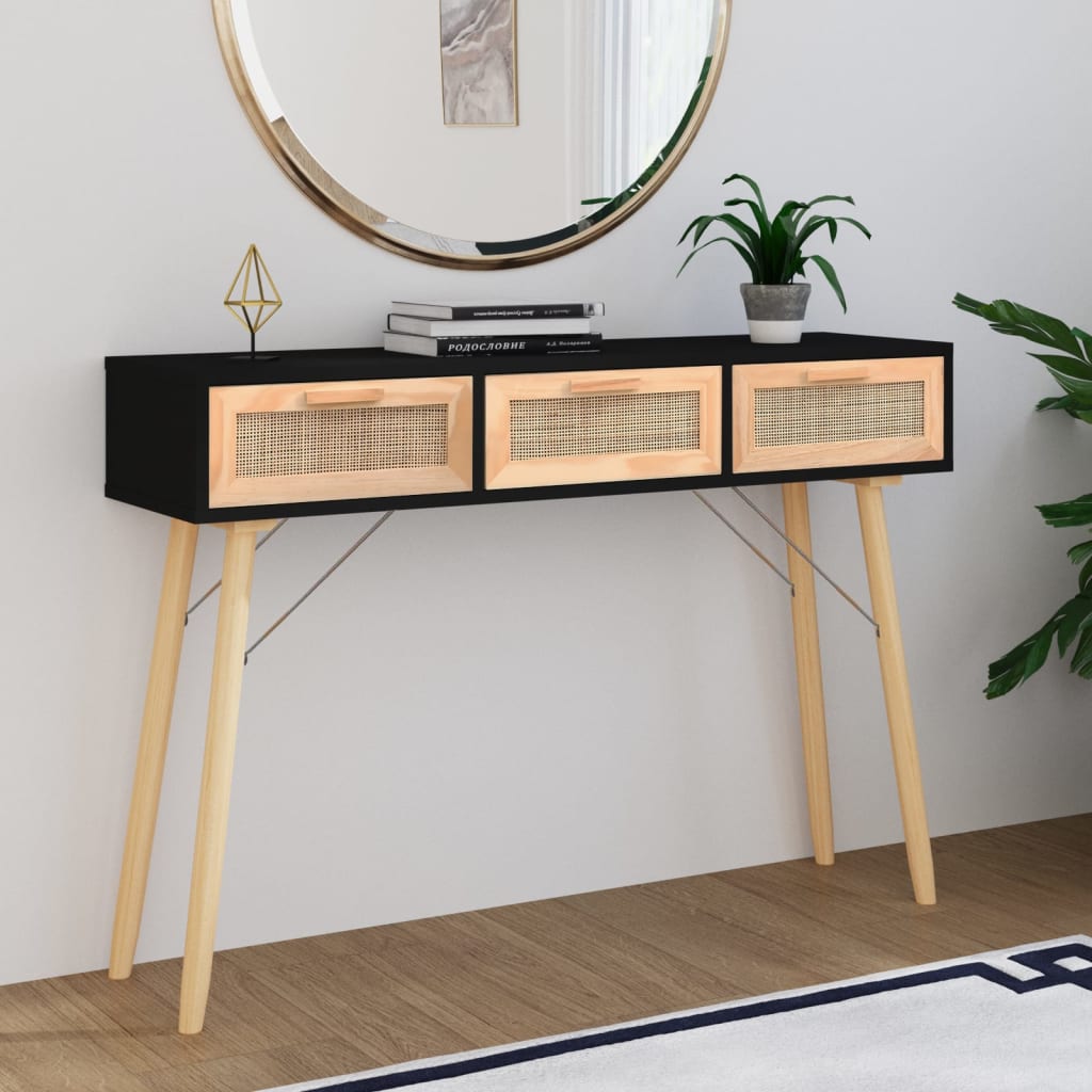 vidaXL Masă consolă negru 105x30x75 cm lemn masiv pin și ratan natural vidaXL Masă consolă negru 105x30x75 cm lemn masiv pin și ratan natural