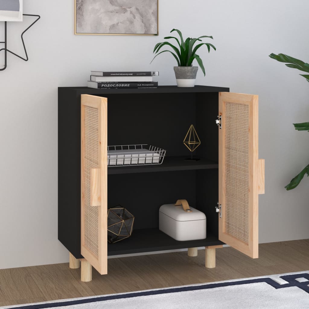 vidaXL Servantă, negru, 60x30x70 cm, lemn masiv pin și ratan natural vidaXL Servantă, negru, 60x30x70 cm, lemn masiv pin și ratan natural