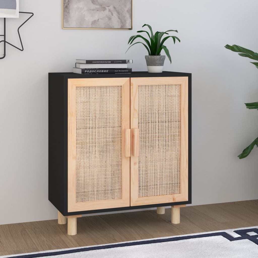 vidaXL Servantă, negru, 60x30x70 cm, lemn masiv pin și ratan natural vidaXL Servantă, negru, 60x30x70 cm, lemn masiv pin și ratan natural