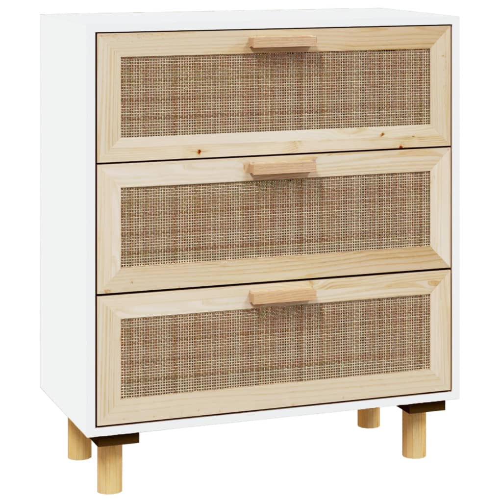 vidaXL Servantă, alb, 60x30x70 cm, lemn masiv pin și ratan natural
