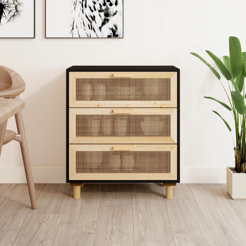 vidaXL Servantă, negru, 60x30x70 cm, lemn masiv pin și ratan natural vidaXL Servantă, negru, 60x30x70 cm, lemn masiv pin și ratan natural