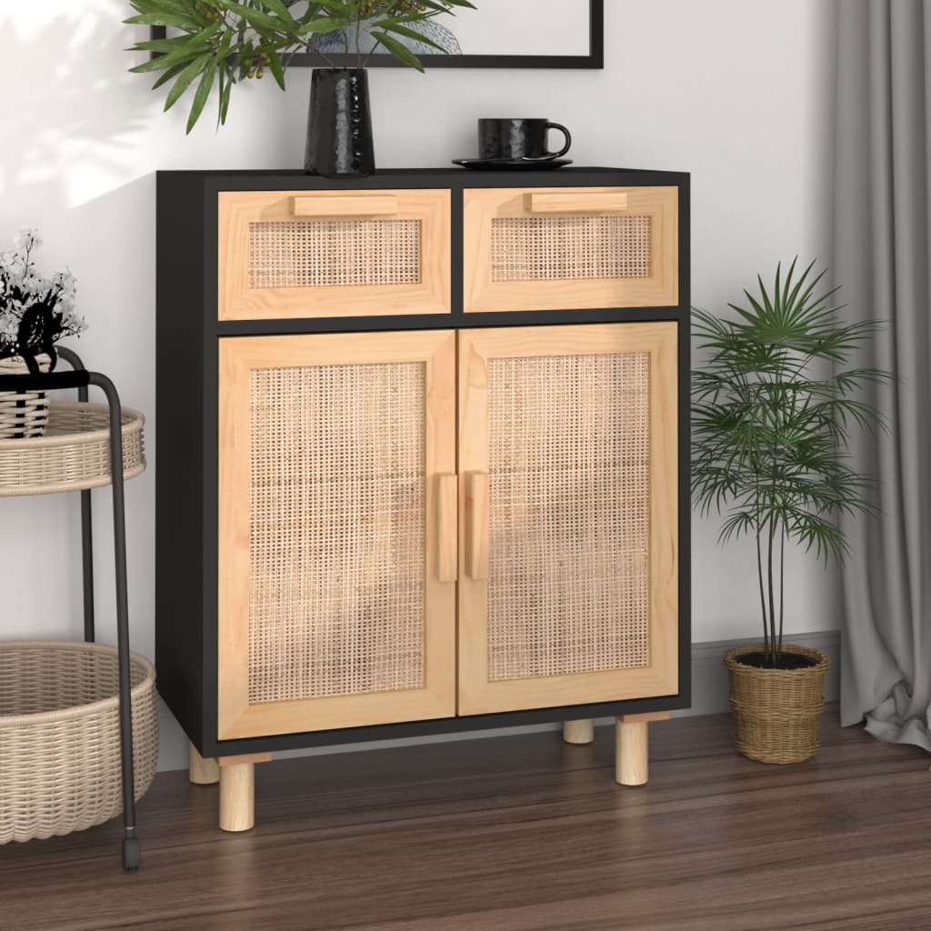 vidaXL Servantă, negru, 60x30x75 cm, lemn masiv pin și ratan natural vidaXL Servantă, negru, 60x30x75 cm, lemn masiv pin și ratan natural