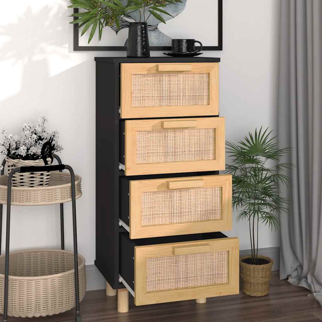 vidaXL Servantă, negru, 40x30x90 cm, lemn masiv pin și ratan natural vidaXL Servantă, negru, 40x30x90 cm, lemn masiv pin și ratan natural