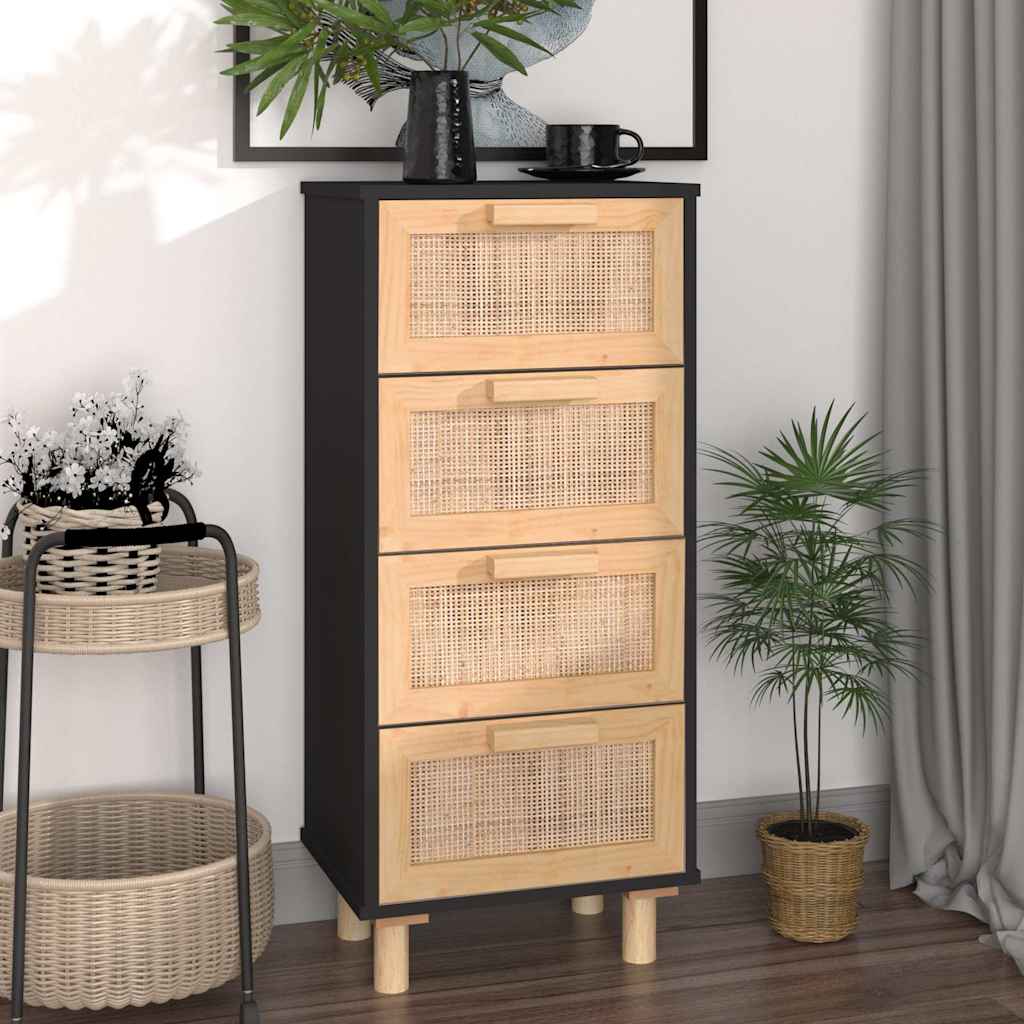 vidaXL Servantă, negru, 40x30x90 cm, lemn masiv pin și ratan natural vidaXL Servantă, negru, 40x30x90 cm, lemn masiv pin și ratan natural