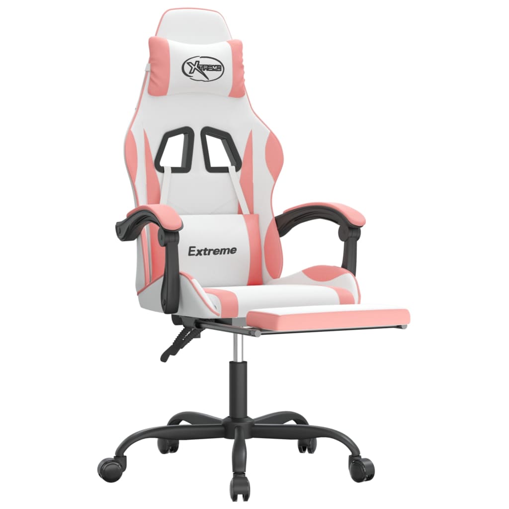 vidaXL Scaun de gaming pivotant cu suport picioare, alb&roz, piele eco vidaXL Scaun de gaming pivotant cu suport picioare, alb&roz, piele eco