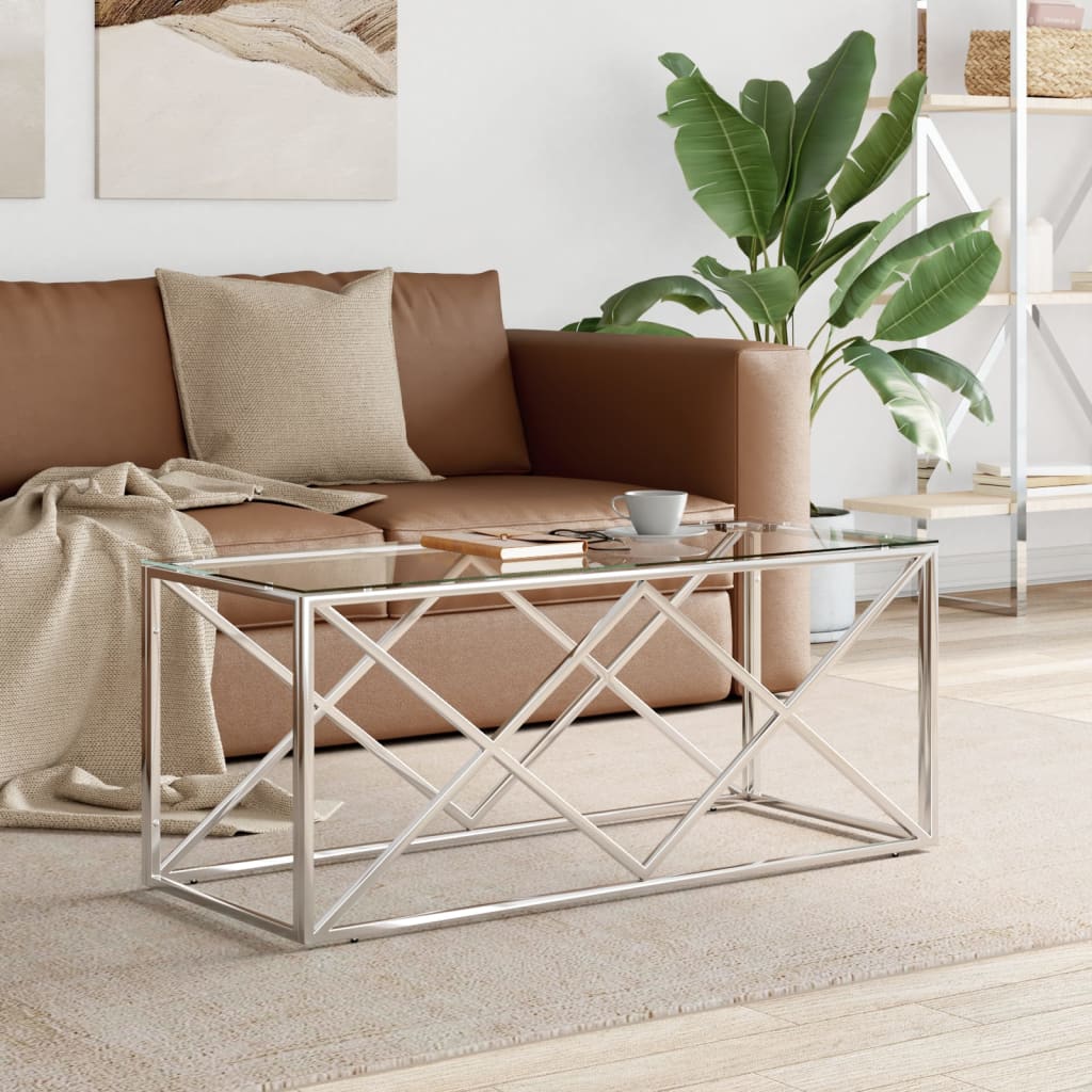 vidaXL Masă de cafea, 110x45x45 cm, oțel inoxidabil și sticlă vidaXL Masă de cafea, 110x45x45 cm, oțel inoxidabil și sticlă