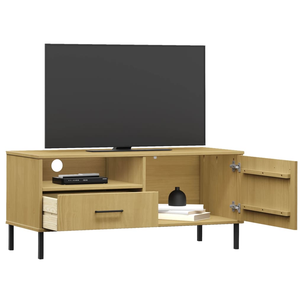 vidaXL Comodă TV cu picioare metalice OSLO, maro, lemn masiv pin