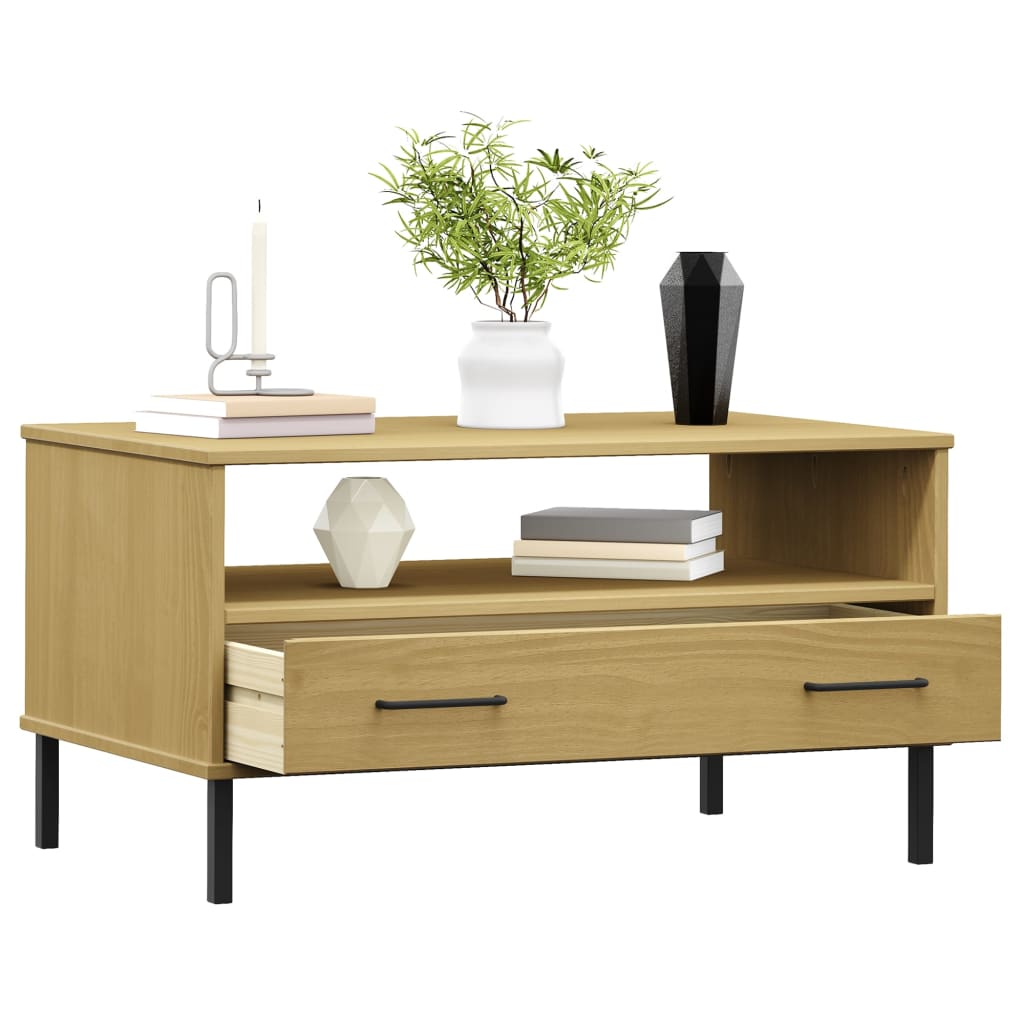 vidaXL Măsuță cafea picioare metalice maro 85x50x45cm lemn masiv OSLO vidaXL Măsuță cafea picioare metalice maro 85x50x45cm lemn masiv OSLO