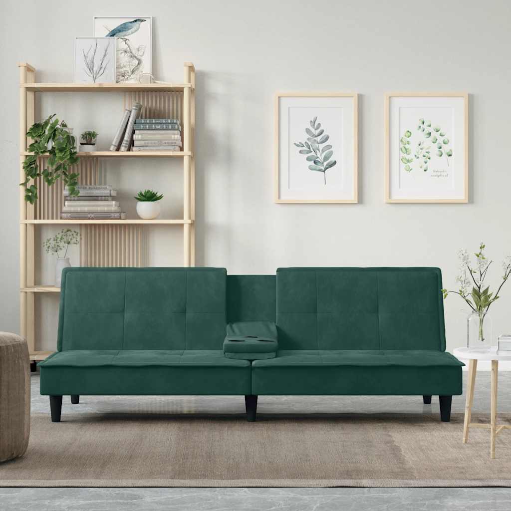 vidaXL Canapea extensibilă cu suporturi de pahar verde închis, catifea vidaXL Canapea extensibilă cu suporturi de pahar verde închis, catifea