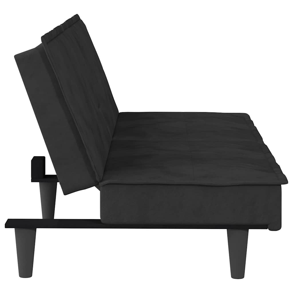 vidaXL Canapea extensibilă cu suporturi de pahare, negru, catifea vidaXL Canapea extensibilă cu suporturi de pahare, negru, catifea