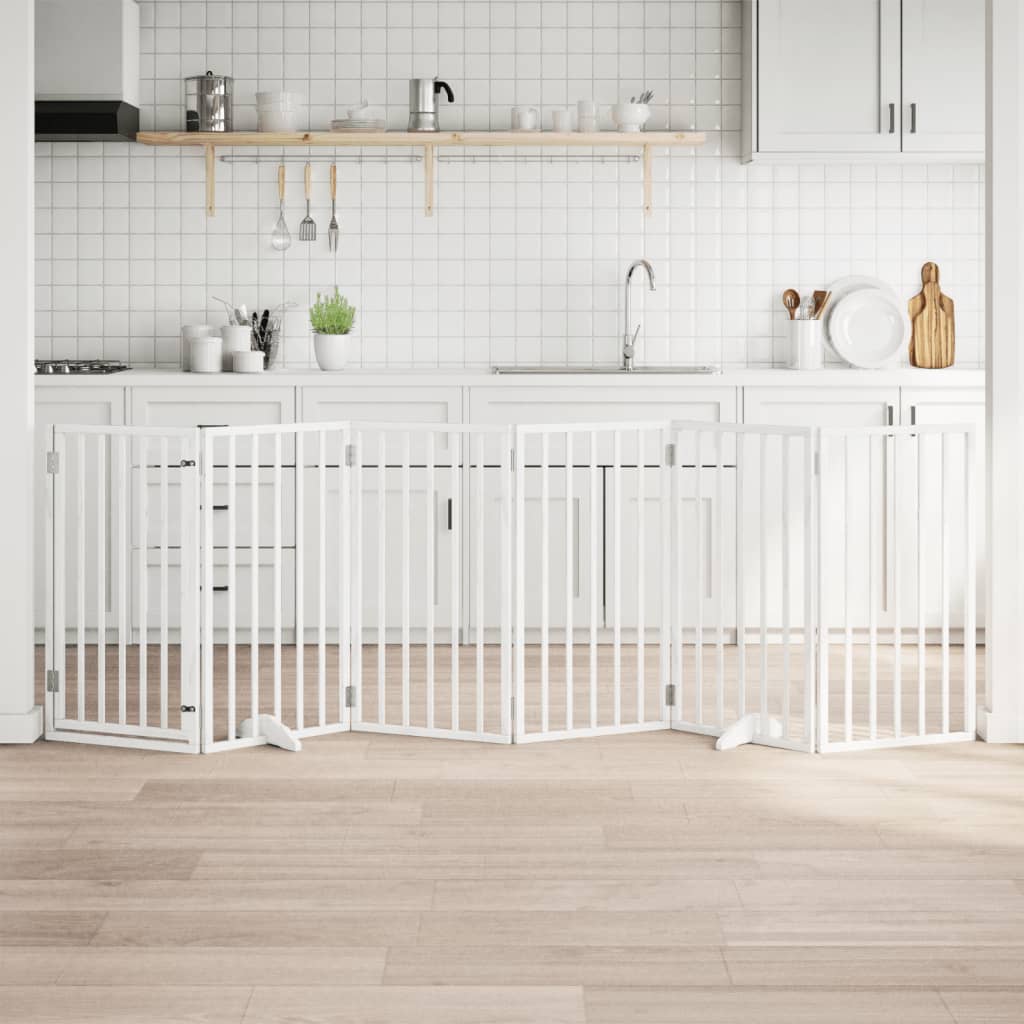 vidaXL Poartă de acces pentru câini cu ușă pliabilă, 6 panouri, albă, 300 cm, lemn de plop