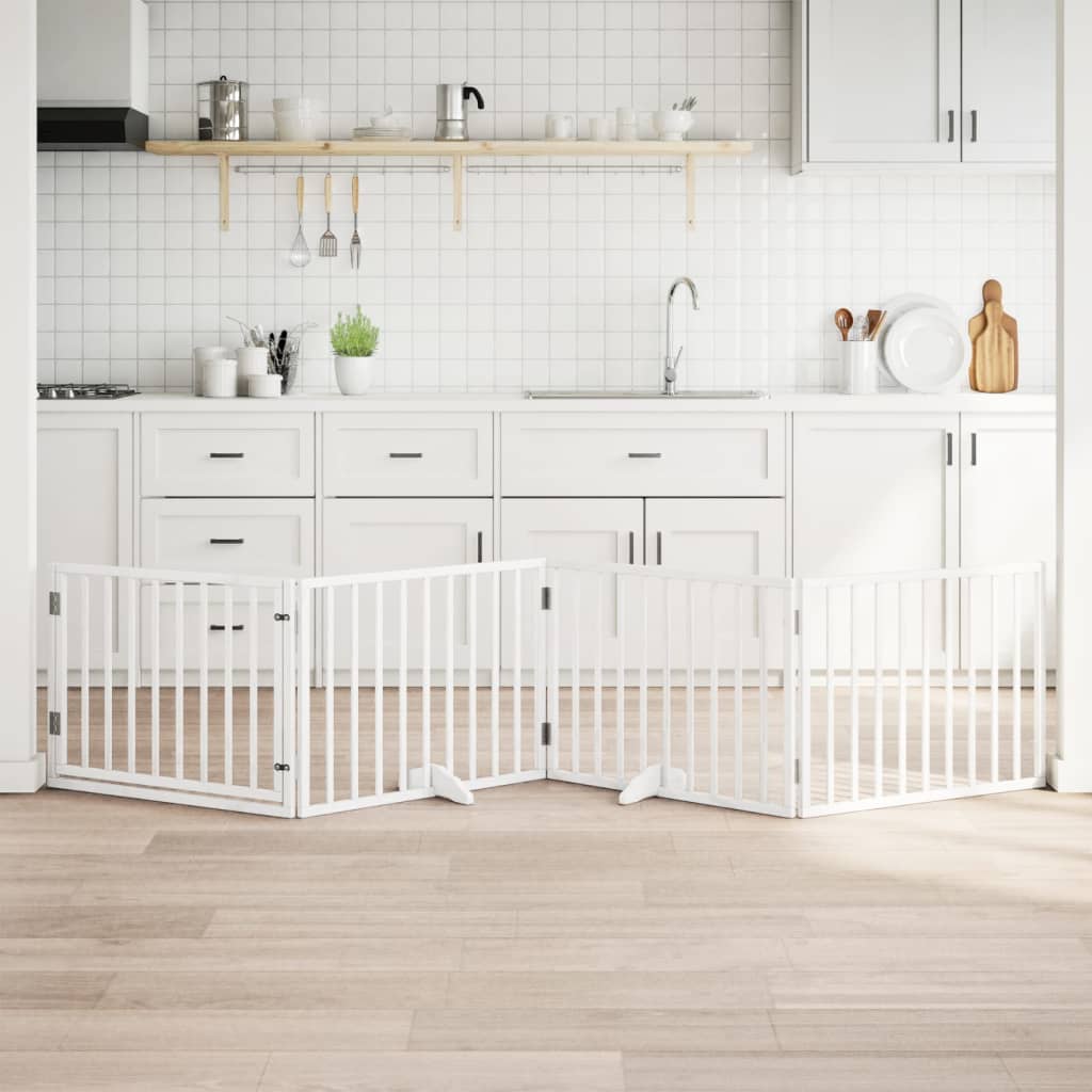 vidaXL Poartă câini pliabilă cu ușă, 4 panouri, alb, 320 cm, lemn plop