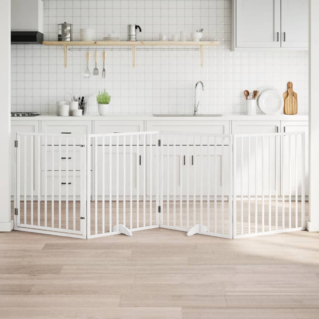 vidaXL Poartă de acces pentru câini cu ușă pliabilă, 4 panouri, albă, 320 cm, lemn de plop