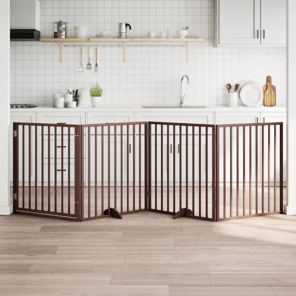 vidaXL Poartă de acces pentru câini cu ușă pliabilă, 4 panouri, maro, 320 cm, lemn de plop